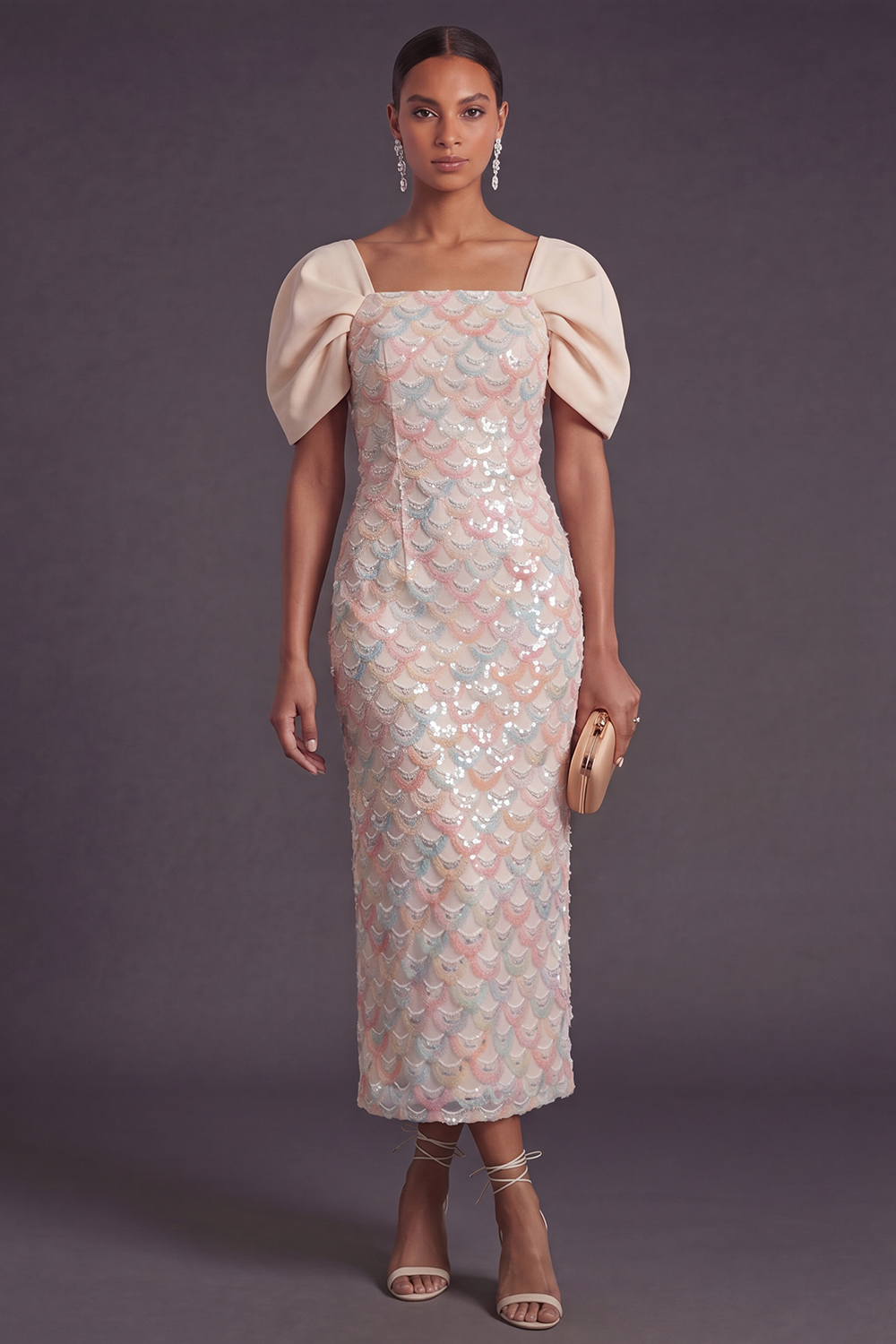Leely Women Light Blue Sparkly Sequin Long Formal Dress with Slit Sheath Square Neck Wedding Guest Dress with Sleeves