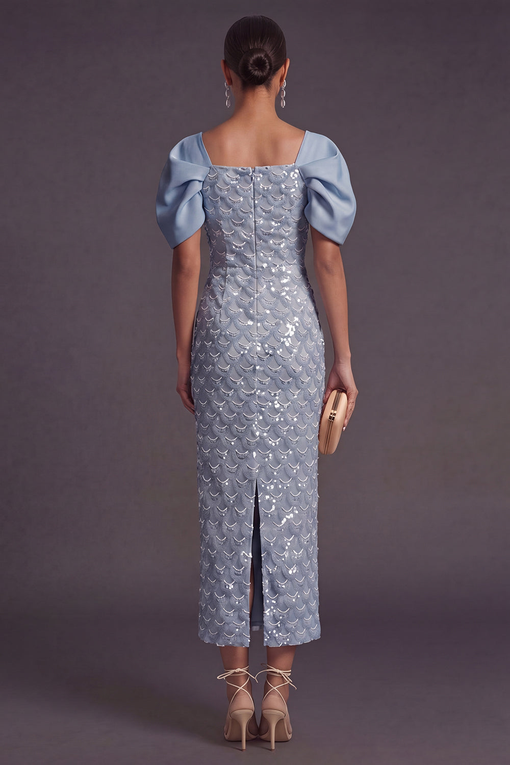 Light Blue Sparkly Sequin Sheath Square Neck Long Formal Dress with Slit