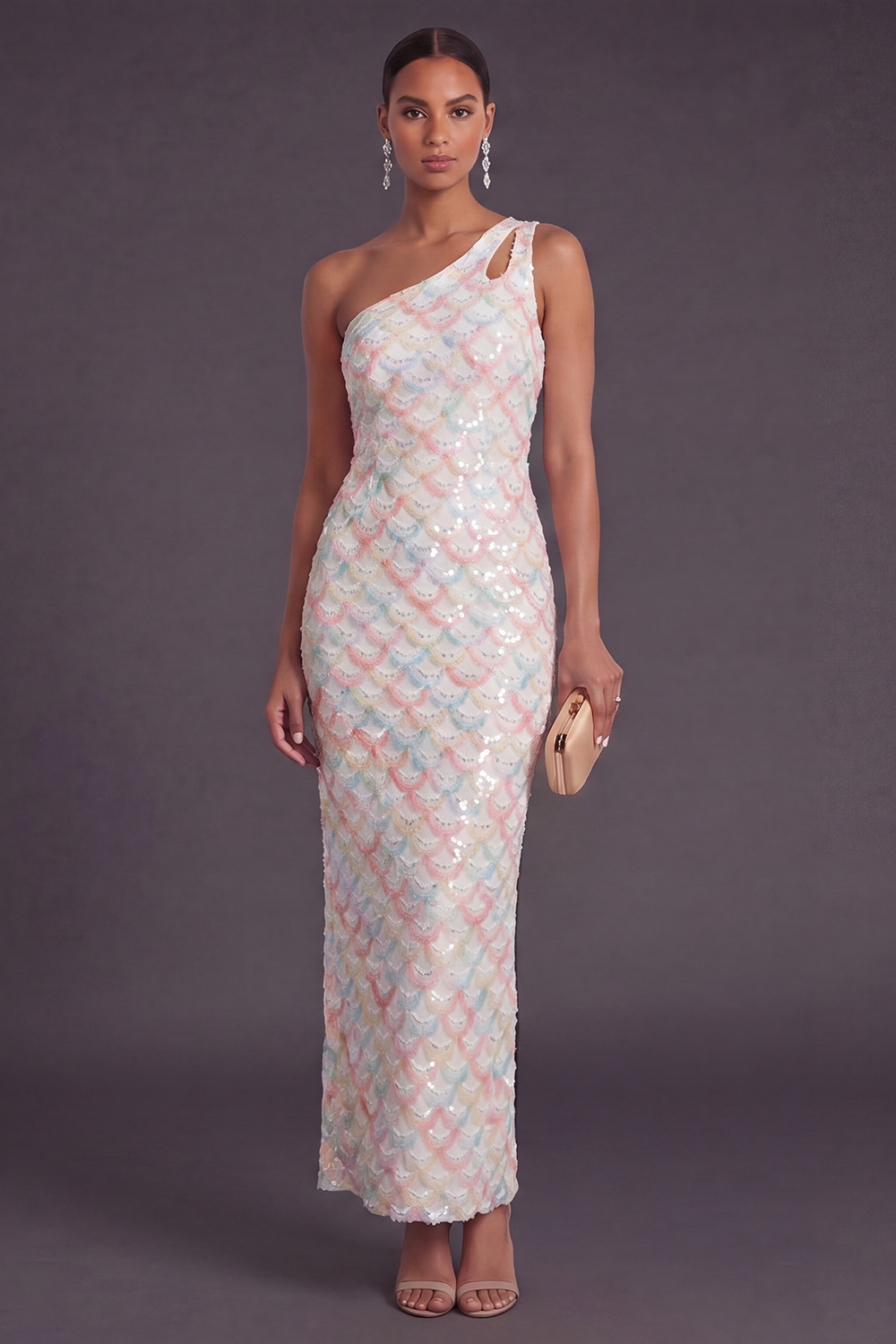 Sparkly Light Blue Sequin Sheath One Shoulder Long Formal Dress