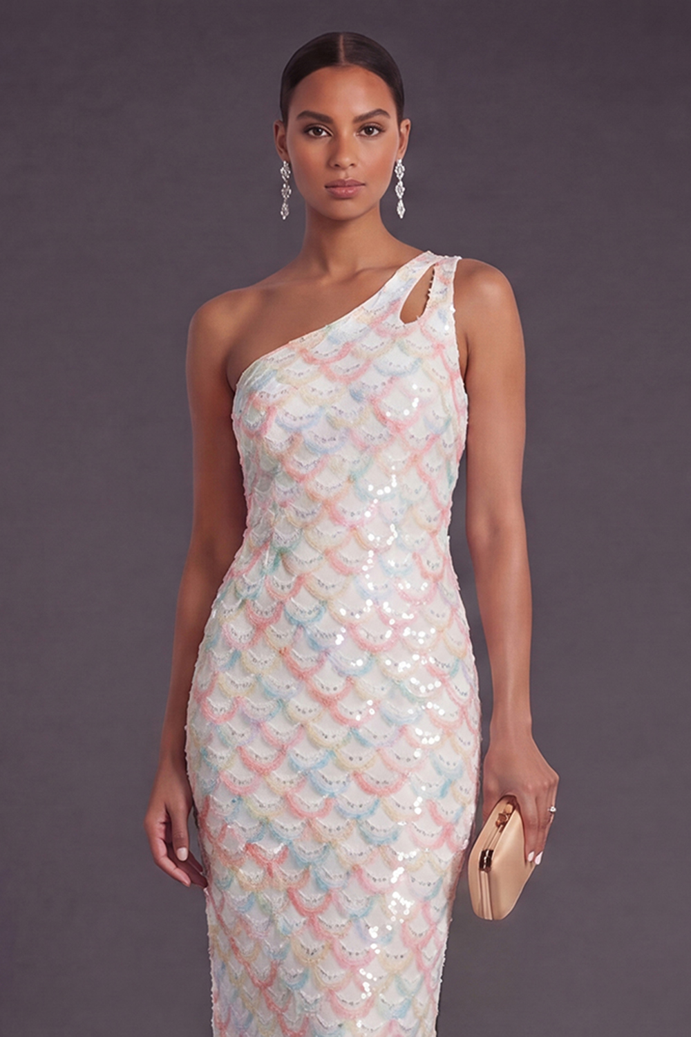 Sparkly Light Blue Sequin Sheath One Shoulder Long Formal Dress