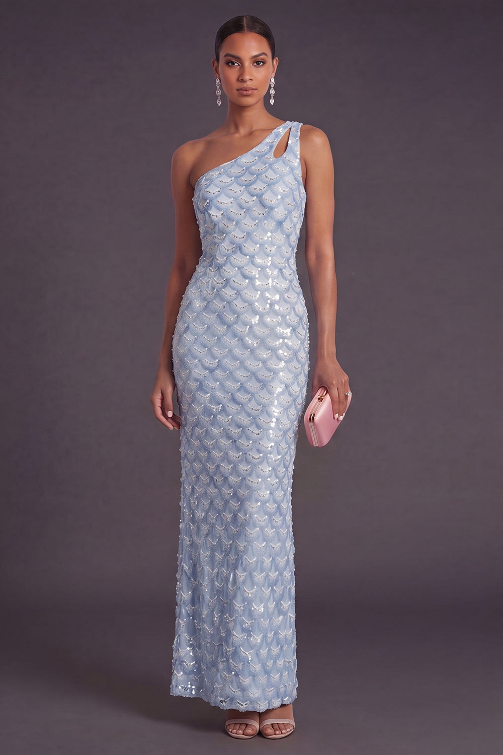 Sparkly Light Blue Sequin Sheath One Shoulder Long Formal Dress
