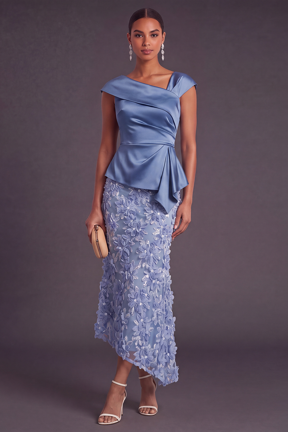 Dusty Sage Sparkly Floral Mermaid Sequined Asymmetrical Neck Long Formal Dress