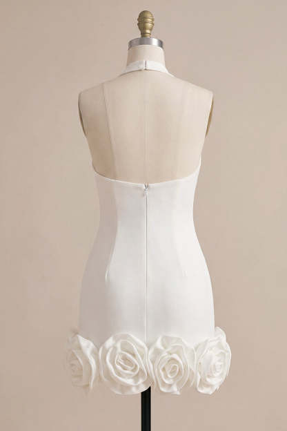 White Halter Bodycon Short Bridal Shower Dress with 3D Flowers