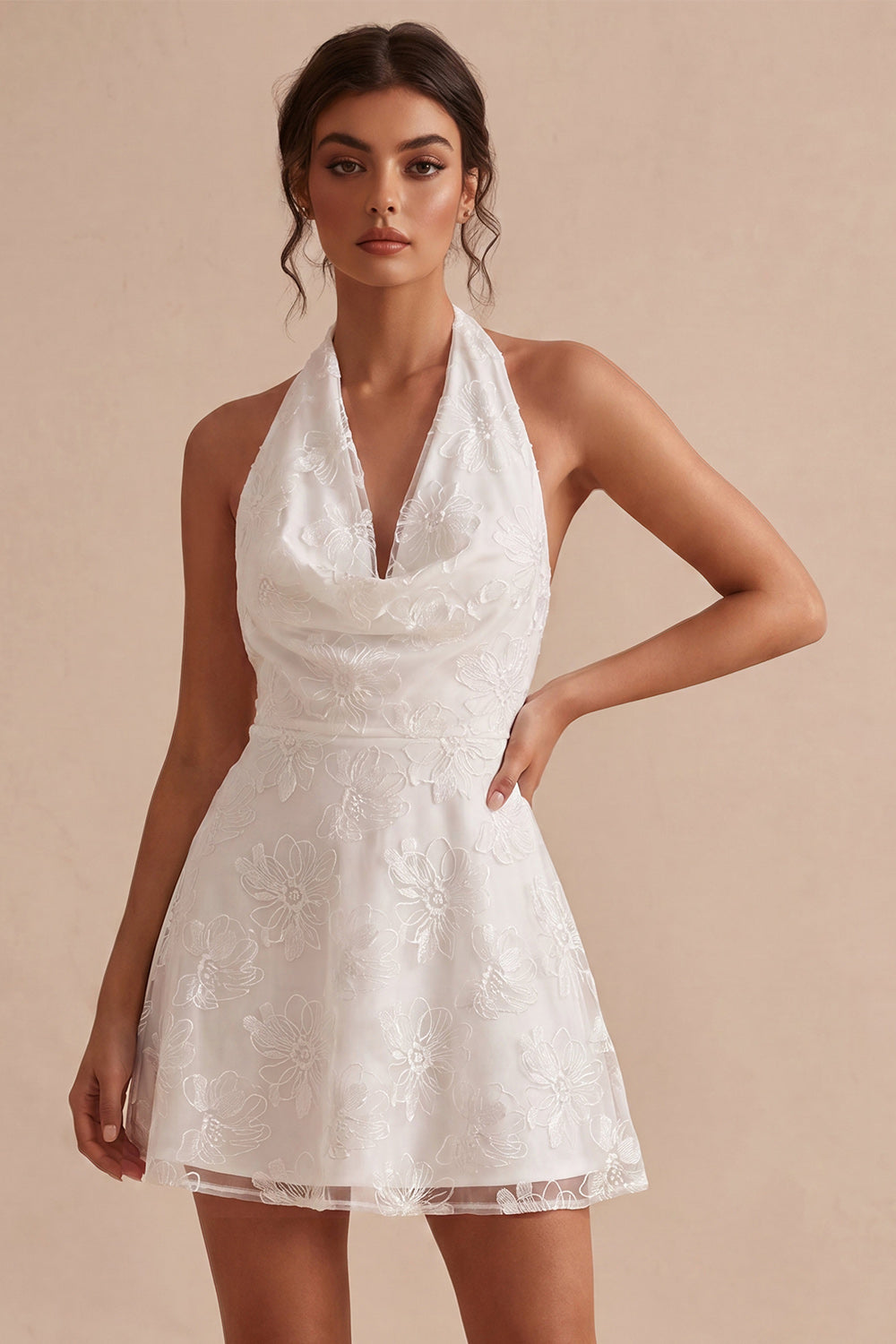 white bachelorette dress Leely Women White Floral Short Engagement Dress Halter A Line Bachelorette Dress