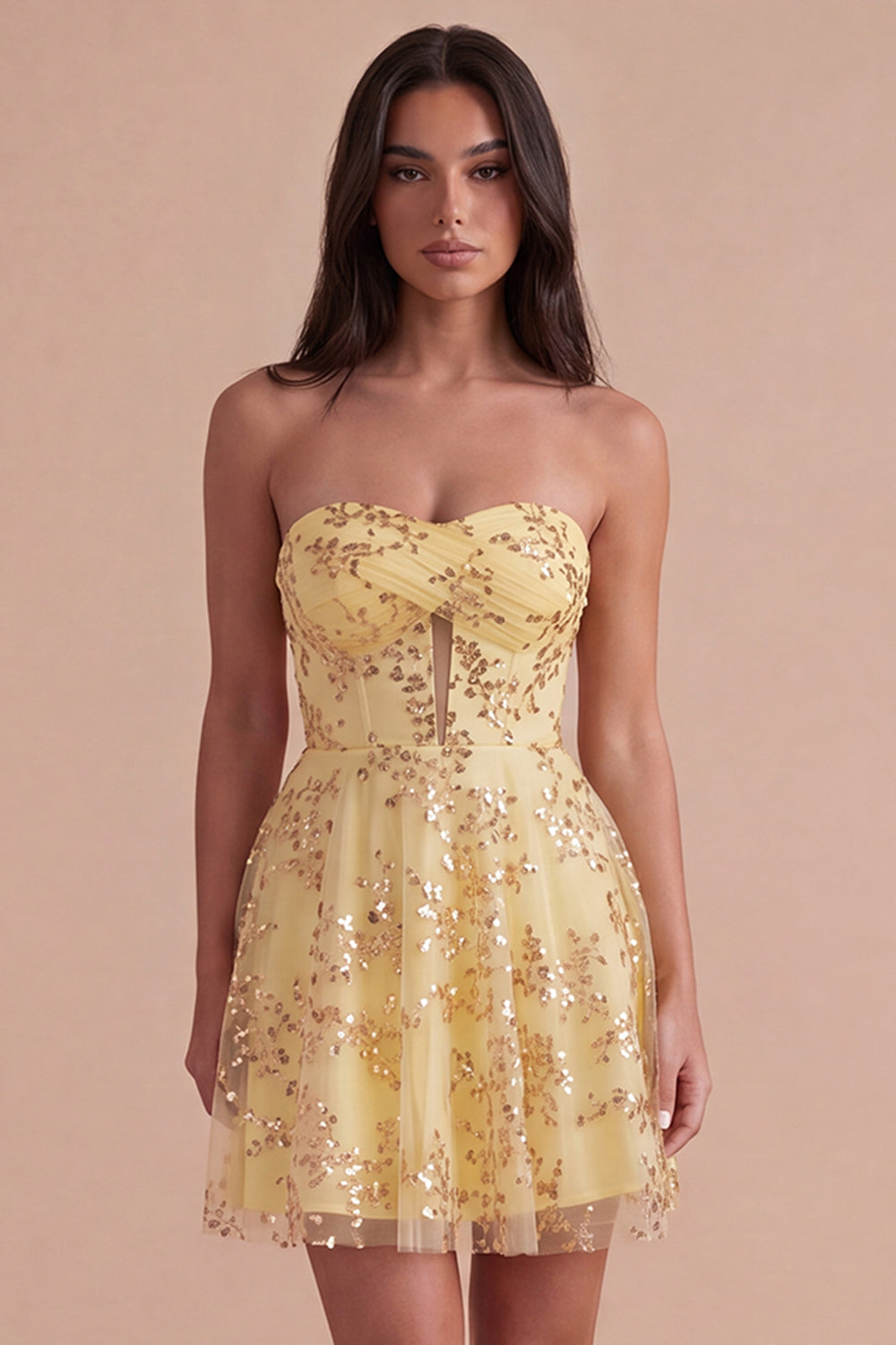 Yellow Corset Sparkly Sequin Strapless Short Homecoming Dress