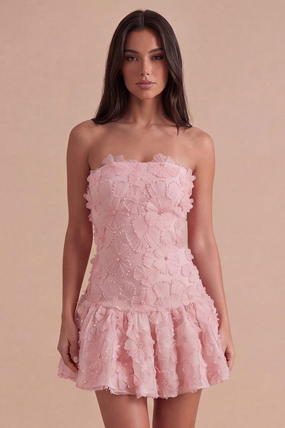 Pink Floral Sparkly Beaded Strapless Short Homecoming Dress