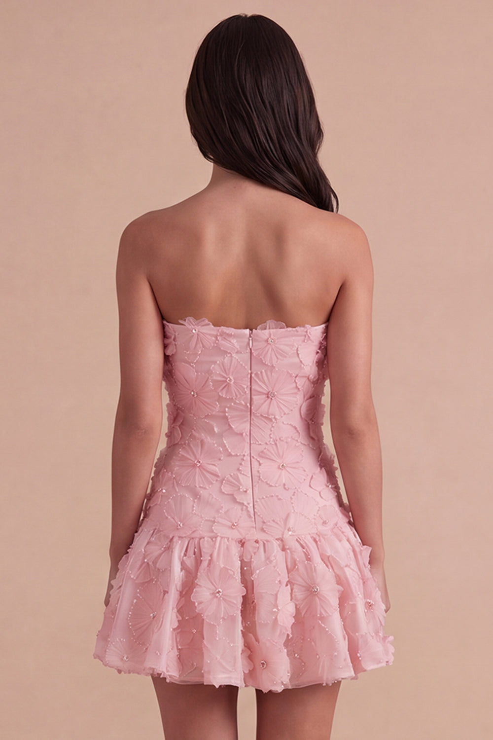 Pink Floral Sparkly Beaded Strapless Short Homecoming Dress