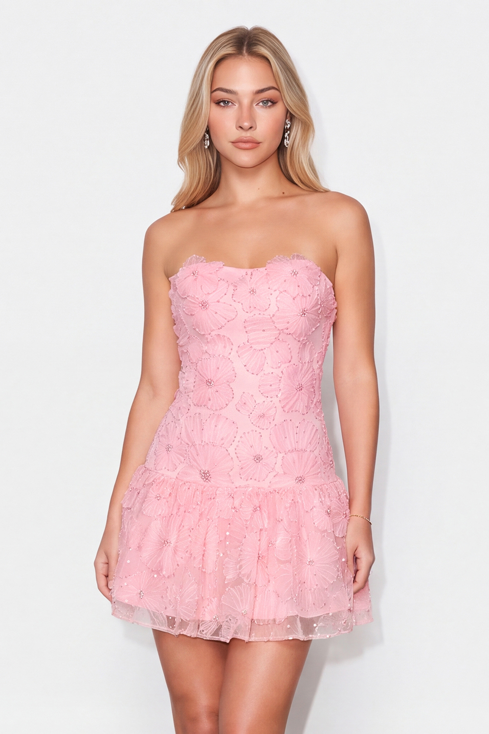 Leely Women Pink Floral Sparkly Beaded Short Homecoming Dress Strapless A Line Cocktail Dress