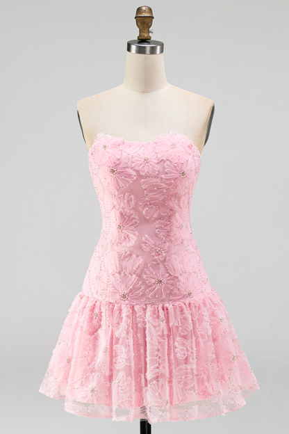 Pink Floral Sparkly Beaded Strapless Short Homecoming Dress