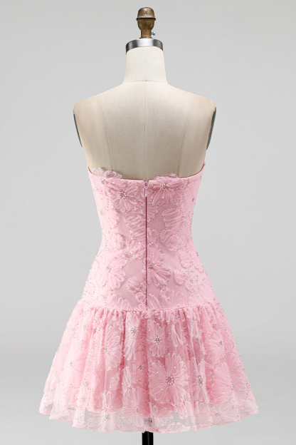 Pink Floral Sparkly Beaded Strapless Short Homecoming Dress