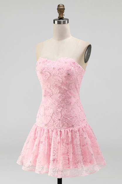 Pink Floral Sparkly Beaded Strapless Short Homecoming Dress