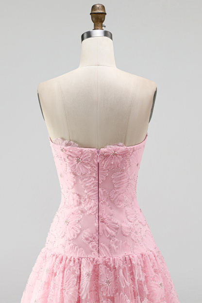 Pink Floral Sparkly Beaded Strapless Short Homecoming Dress