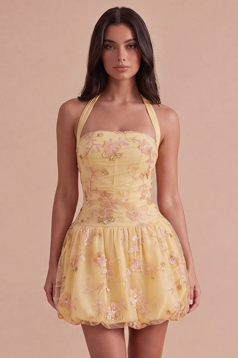 Yellow Floral Corset Embroidery Halter Short Homecoming Dress