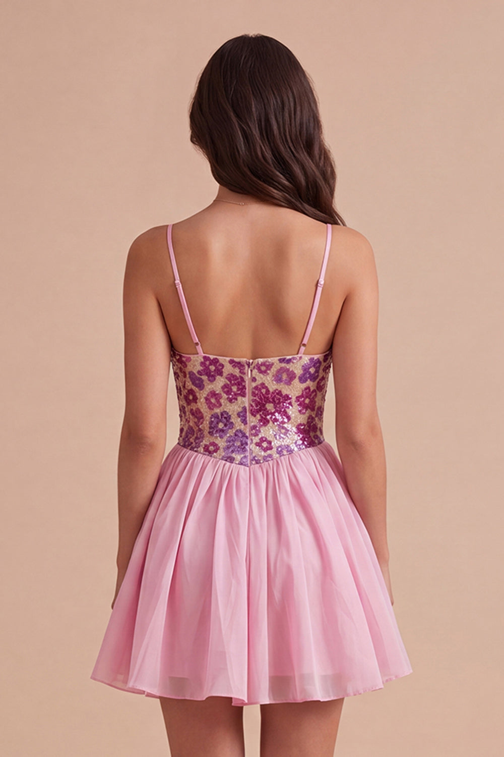 Floral Pink Sparkly Sequin Short Homecoming Dress