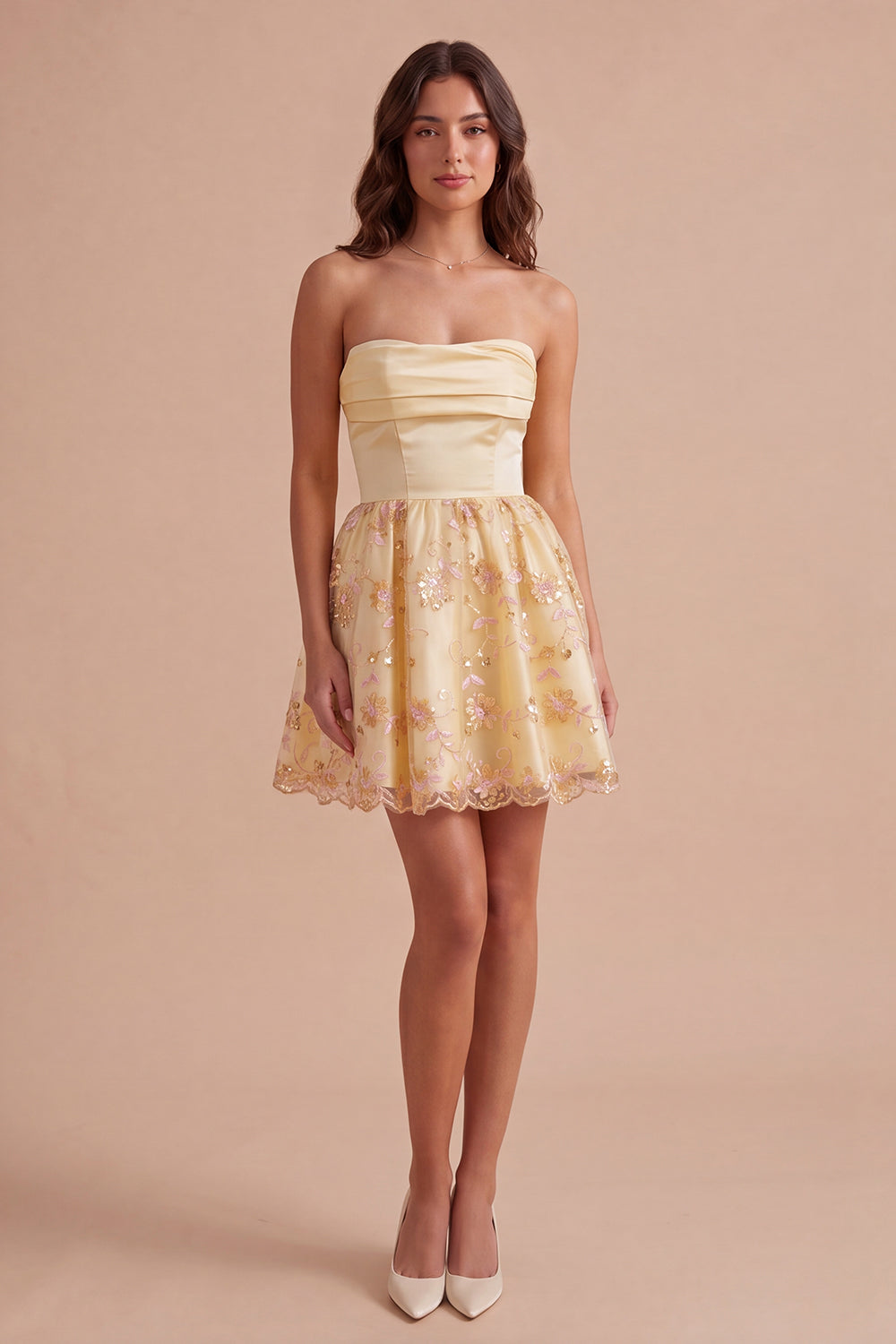 Light Yellow Sparkly Floral Sequin Strapless Short Homecoming Dress