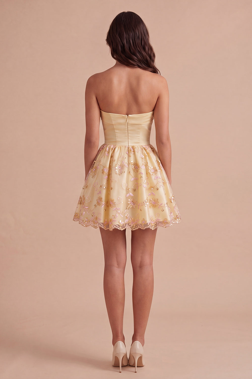 Light Yellow Sparkly Floral Sequin Strapless Short Homecoming Dress