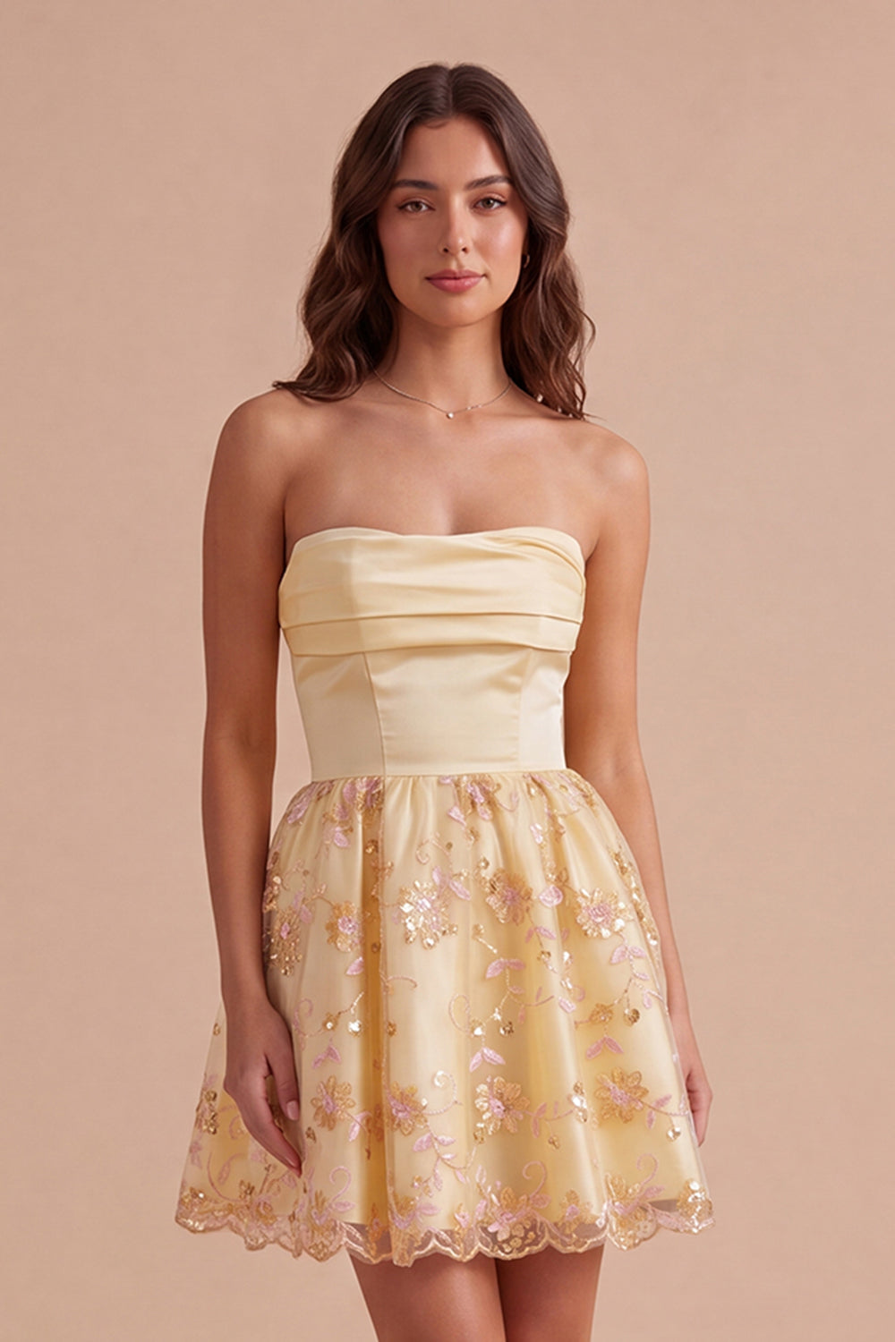 Light Yellow Sparkly Floral Sequin Strapless Short Homecoming Dress