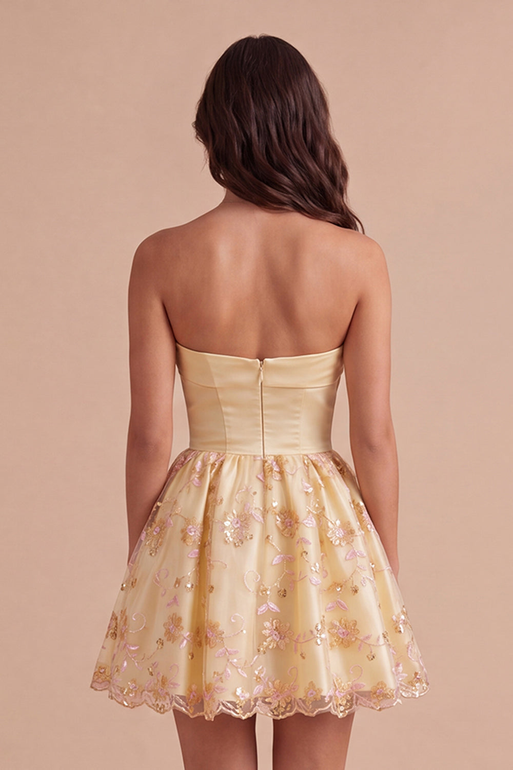 Light Yellow Sparkly Floral Sequin Strapless Short Homecoming Dress