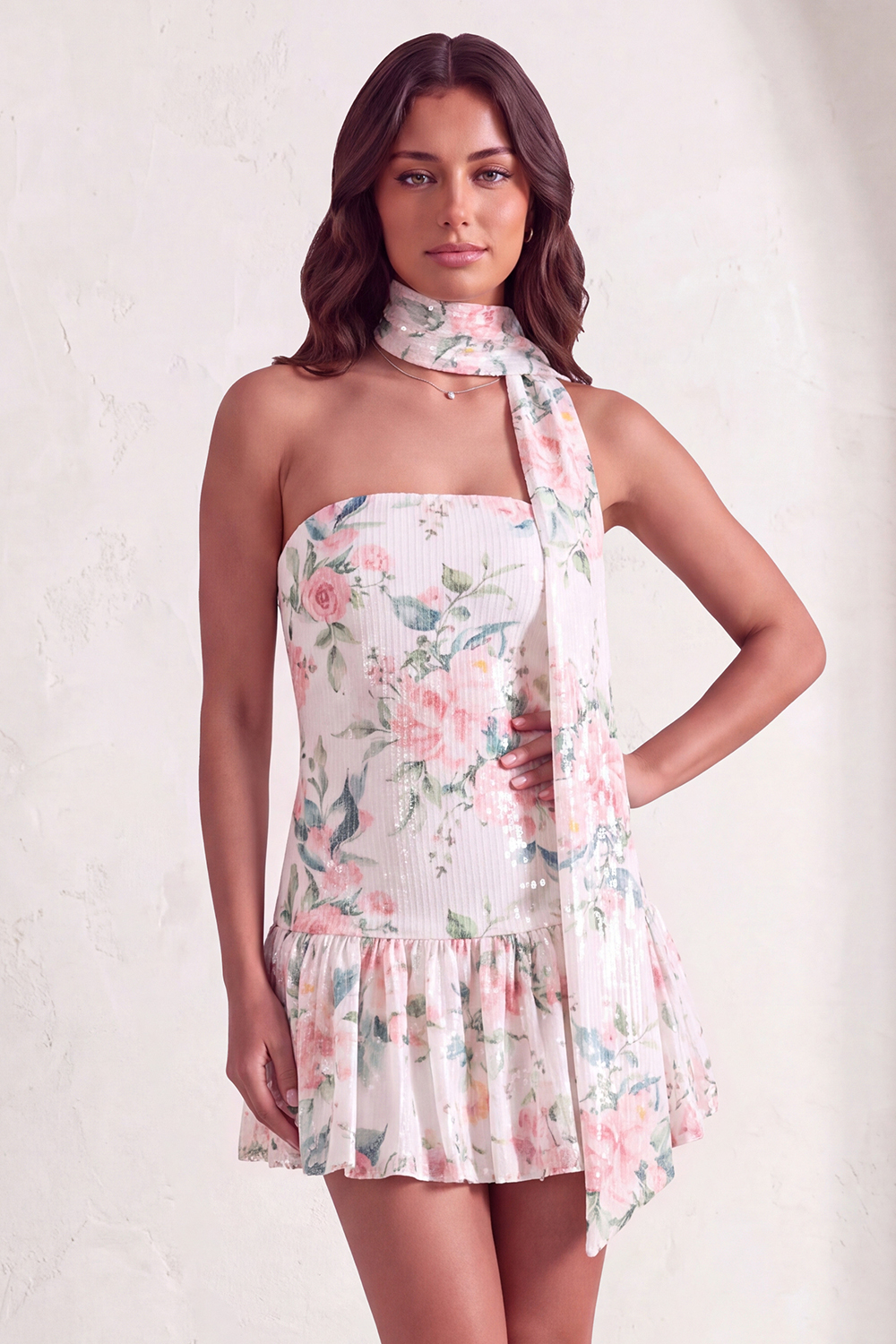 Leely Women Sparkly Sequin White Pink Flower Short Homecoming Dress Neck Scarf A Line Cocktail Dress