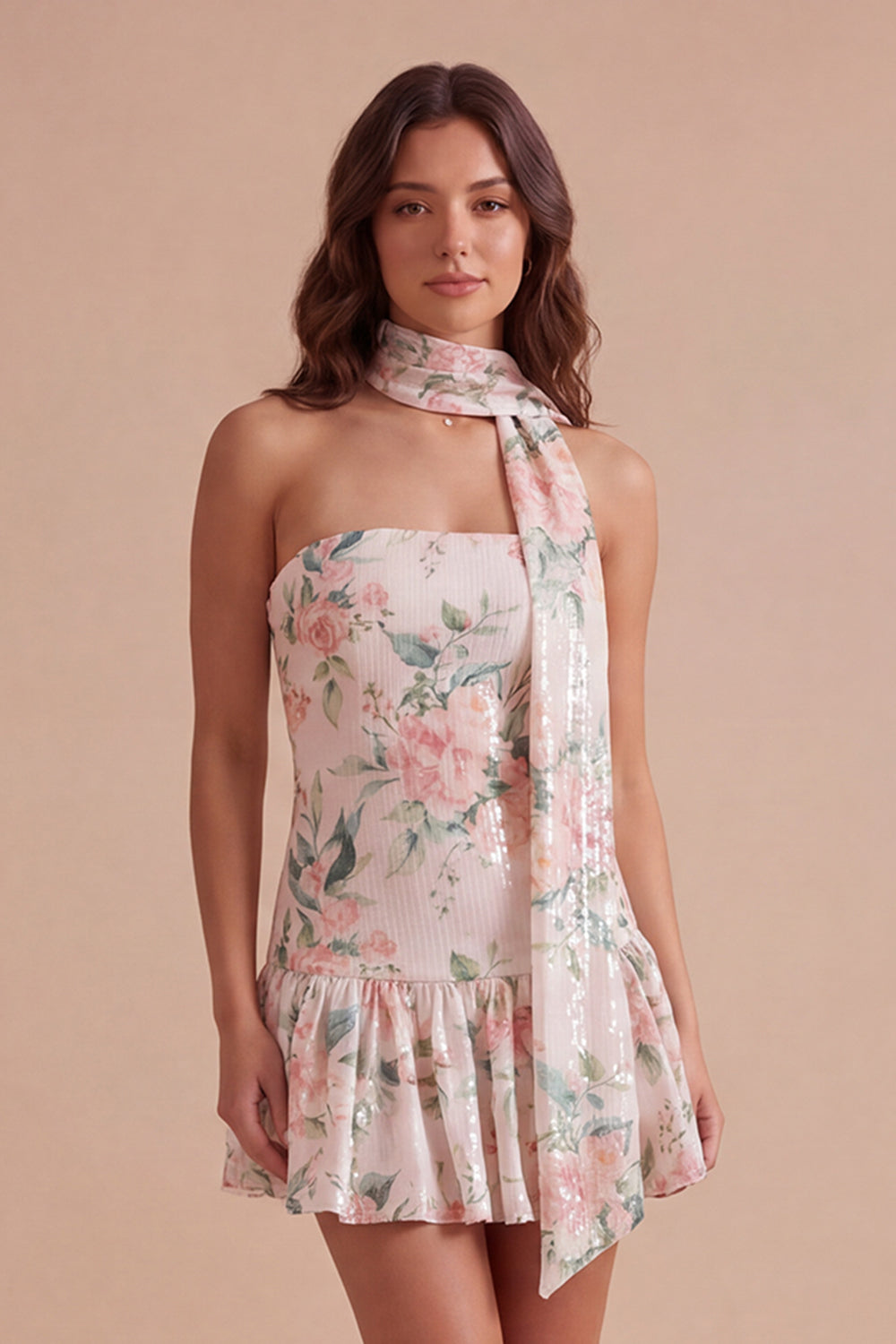 Sparkly Sequin White Pink Flower Short Homecoming Dress
