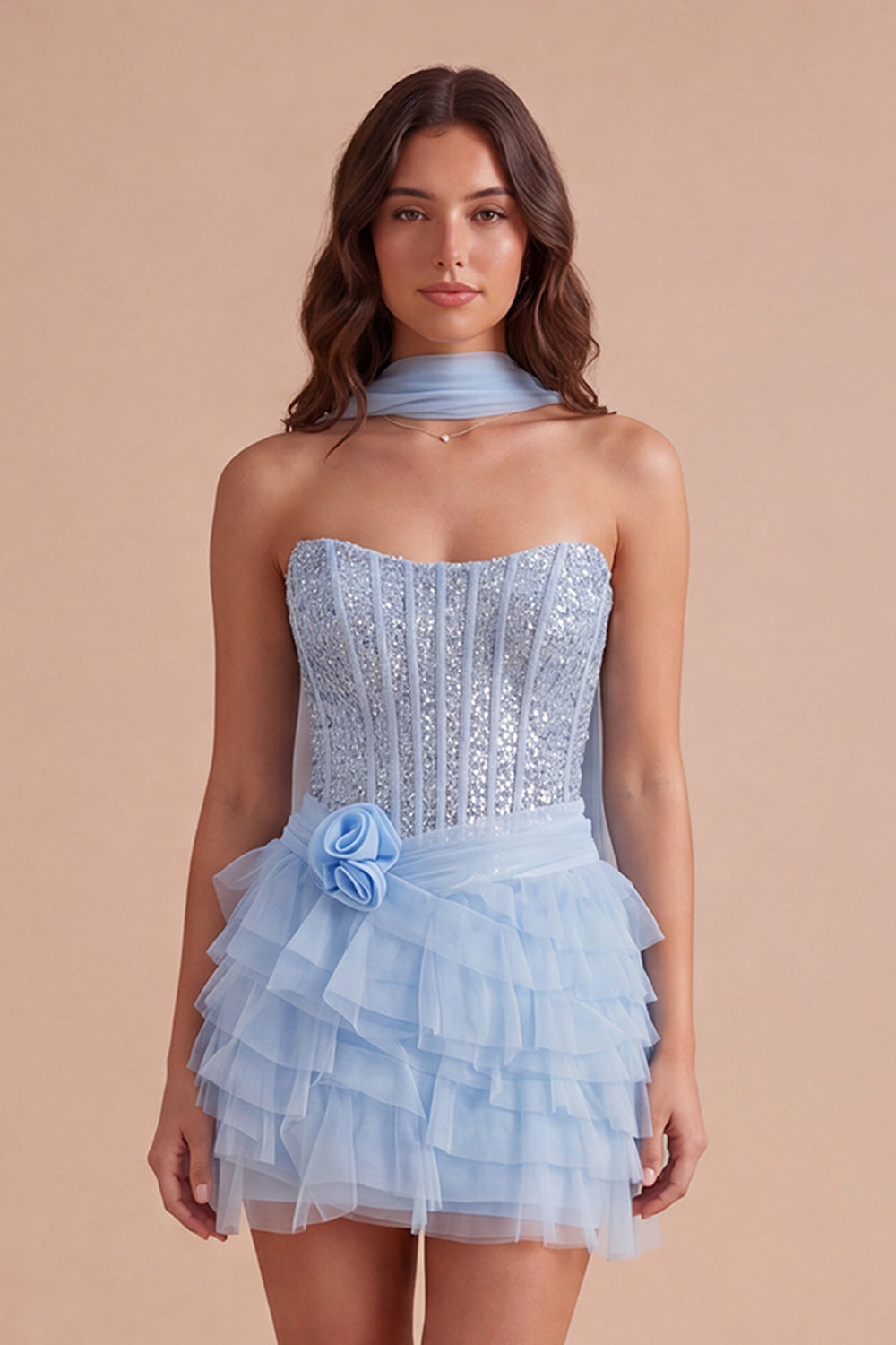 Sky Blue Sparkly Sequin Corset Short Homecoming Dress