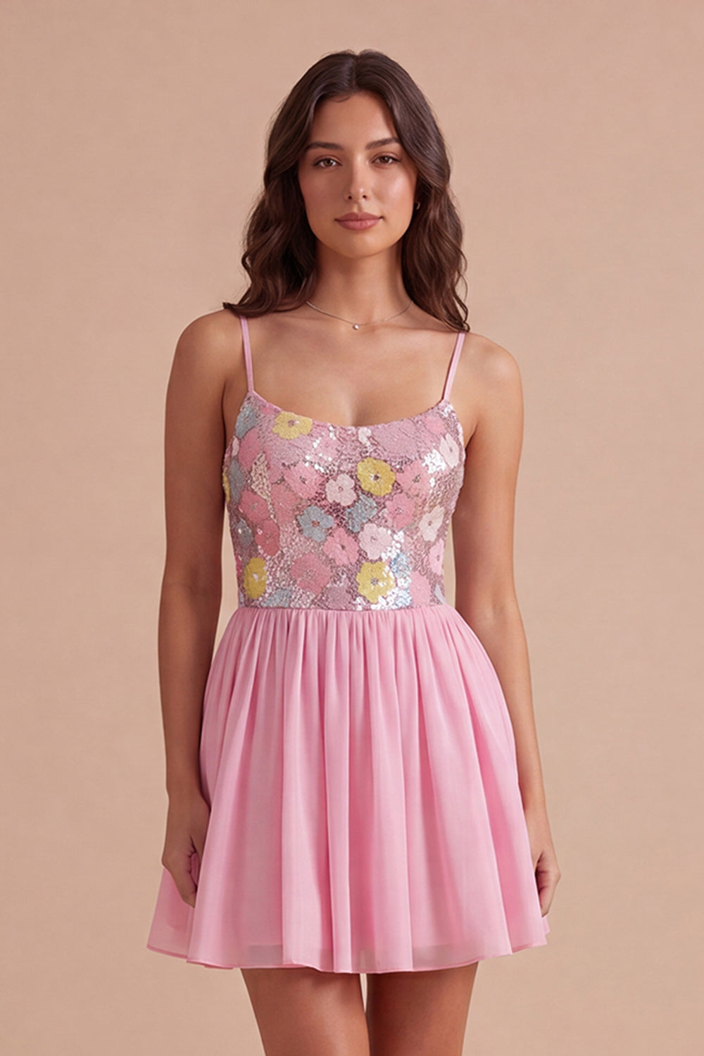 Sparkly Floral Pink Sequin Short Homecoming Dress
