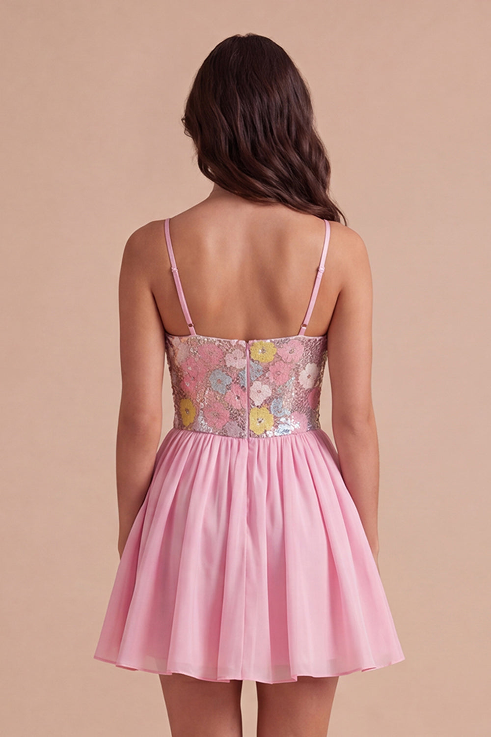 Sparkly Floral Pink Sequin Short Homecoming Dress