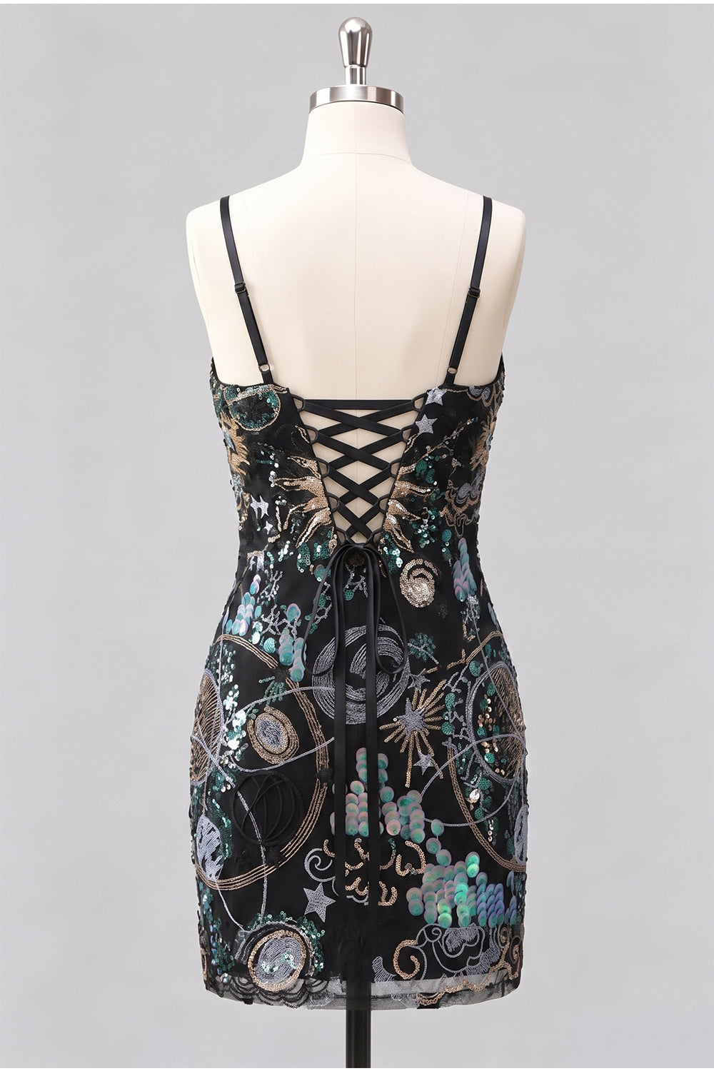 Sparkly Green Bodycon Spaghetti Straps Floral Short Homecoming Dress with Sequins