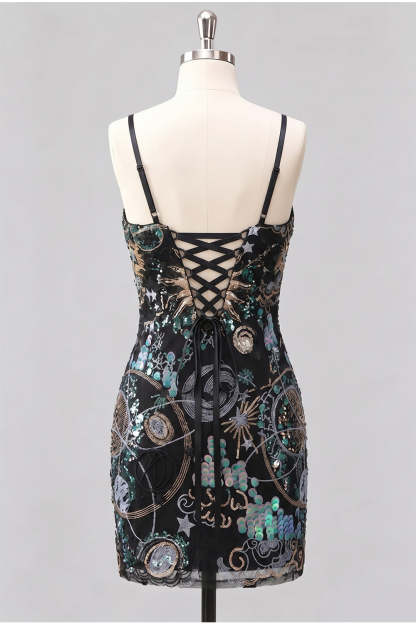 Sparkly Green Bodycon Spaghetti Straps Floral Short Homecoming Dress with Sequins