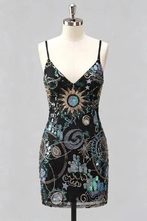 Sparkly Green Bodycon Spaghetti Straps Floral Short Homecoming Dress with Sequins