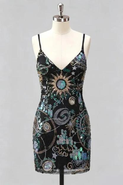 Sparkly Green Bodycon Spaghetti Straps Floral Short Homecoming Dress with Sequins