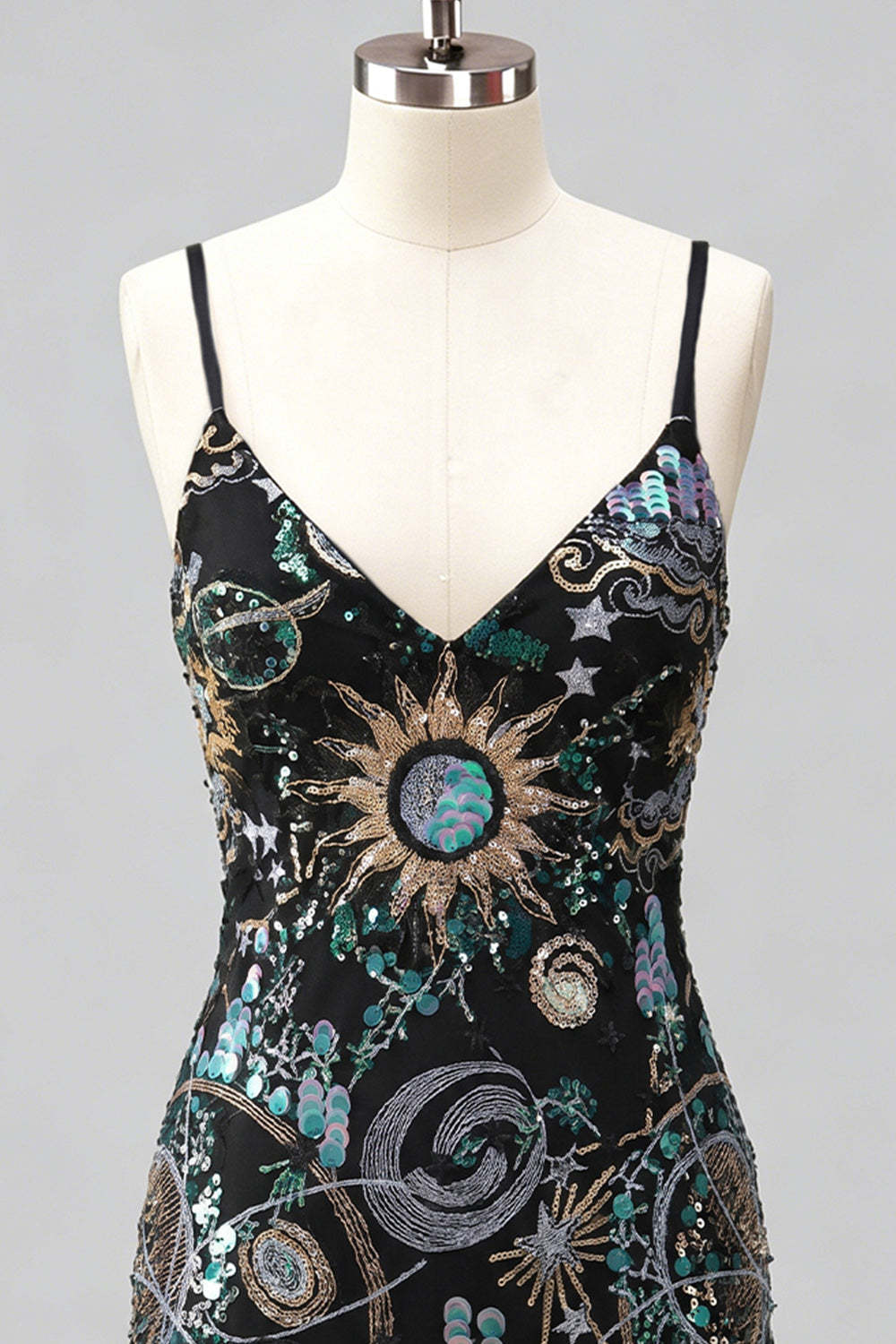 Sparkly Green Bodycon Spaghetti Straps Floral Short Homecoming Dress with Sequins