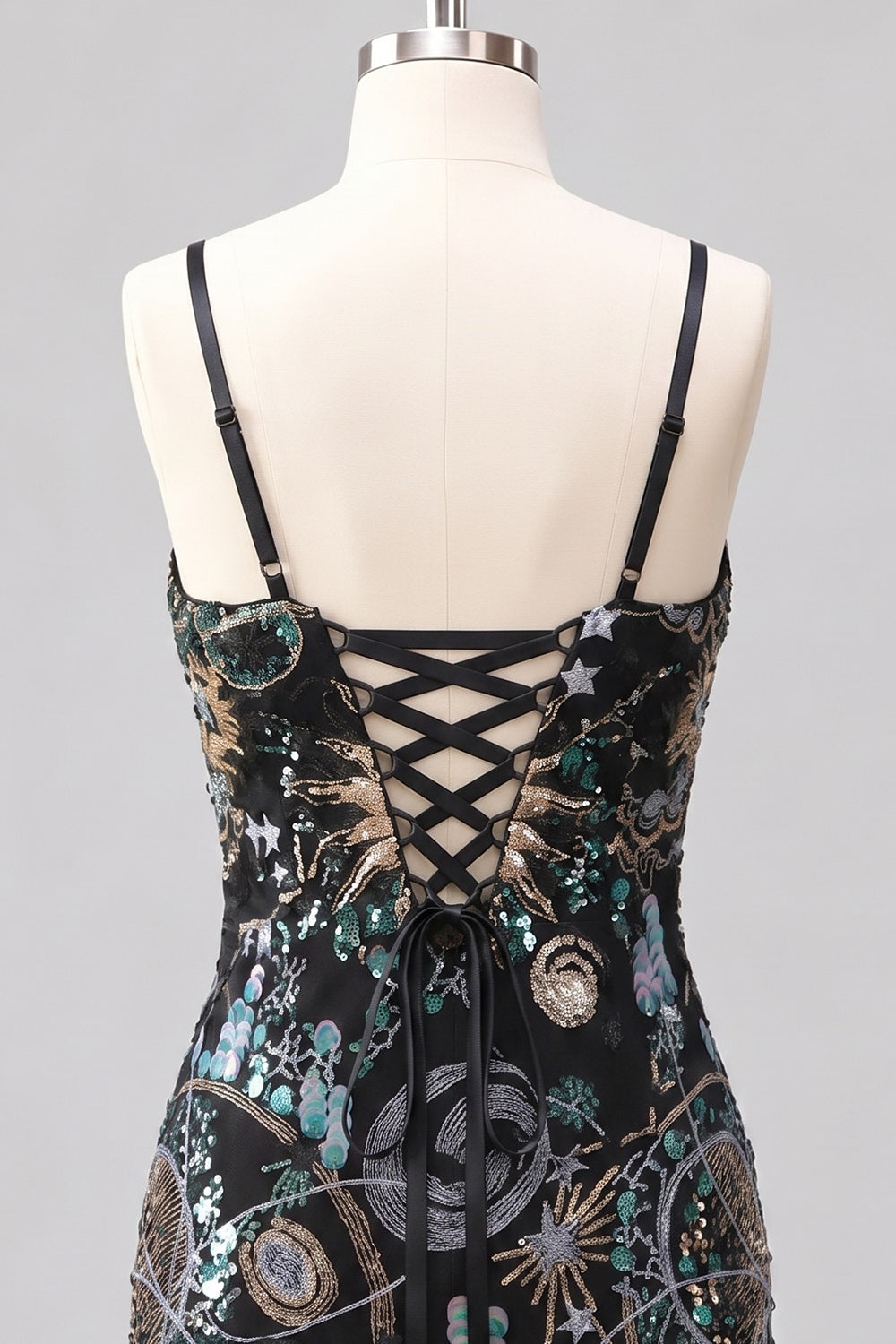 Sparkly Green Bodycon Spaghetti Straps Floral Short Homecoming Dress with Sequins