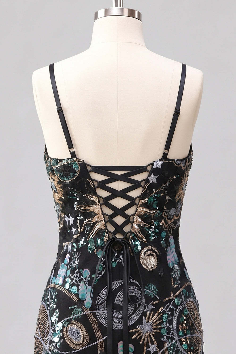 Sparkly Green Bodycon Spaghetti Straps Floral Short Homecoming Dress with Sequins