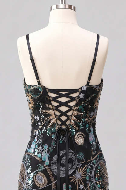 Sparkly Green Bodycon Spaghetti Straps Floral Short Homecoming Dress with Sequins
