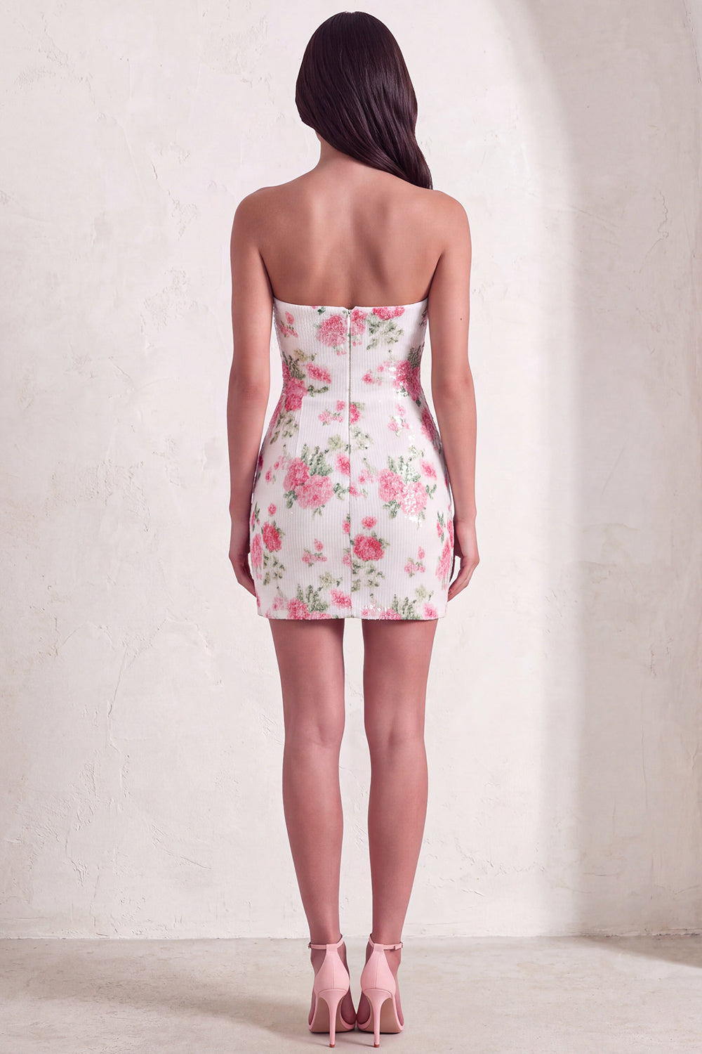 Sparkly White Floral Sequins Bodycon Strapless Short Keyhole Homecoming Dress