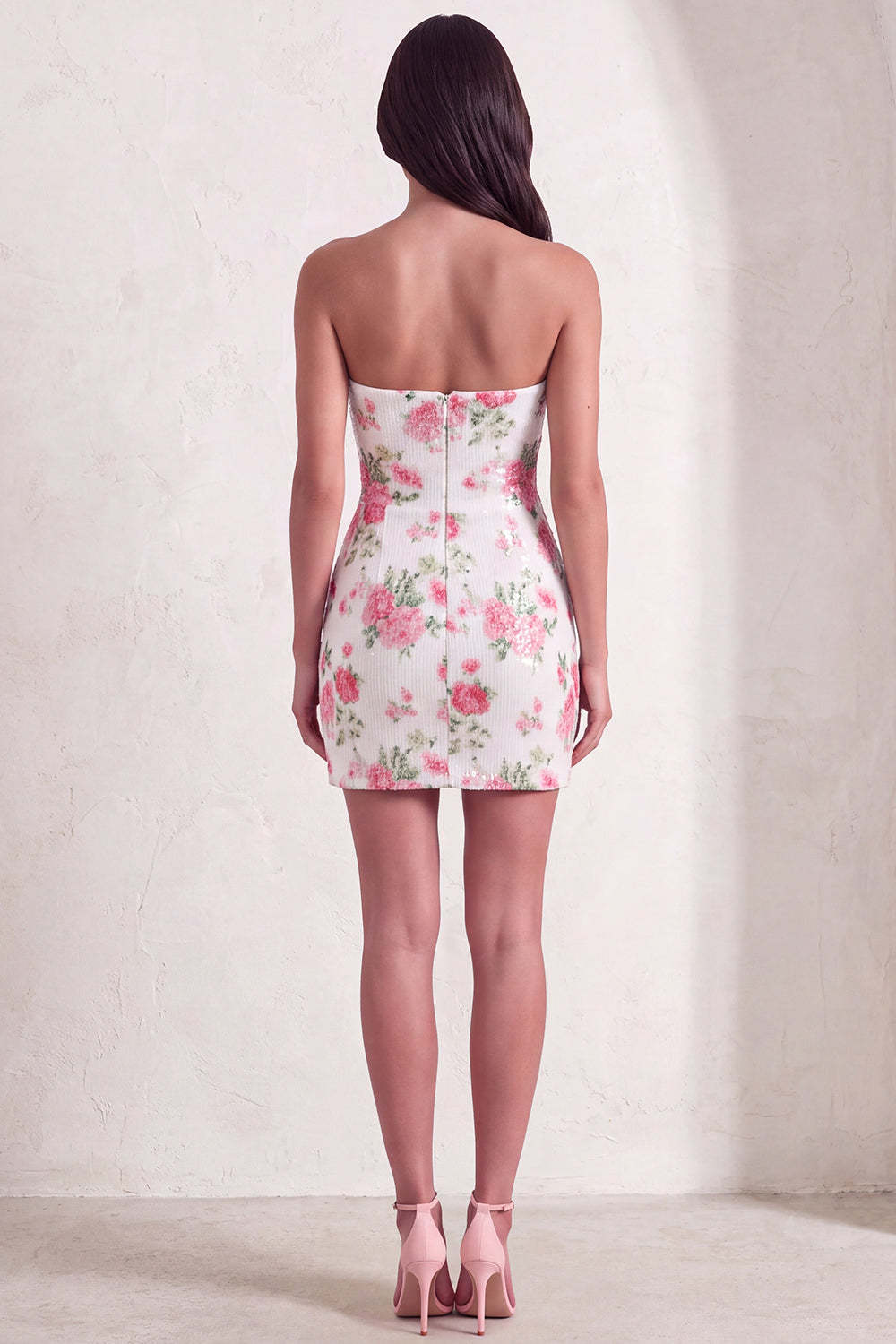 Sparkly White Floral Sequins Bodycon Strapless Short Keyhole Homecoming Dress