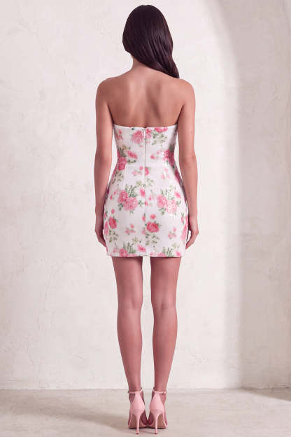Sparkly White Floral Sequins Bodycon Strapless Short Keyhole Homecoming Dress