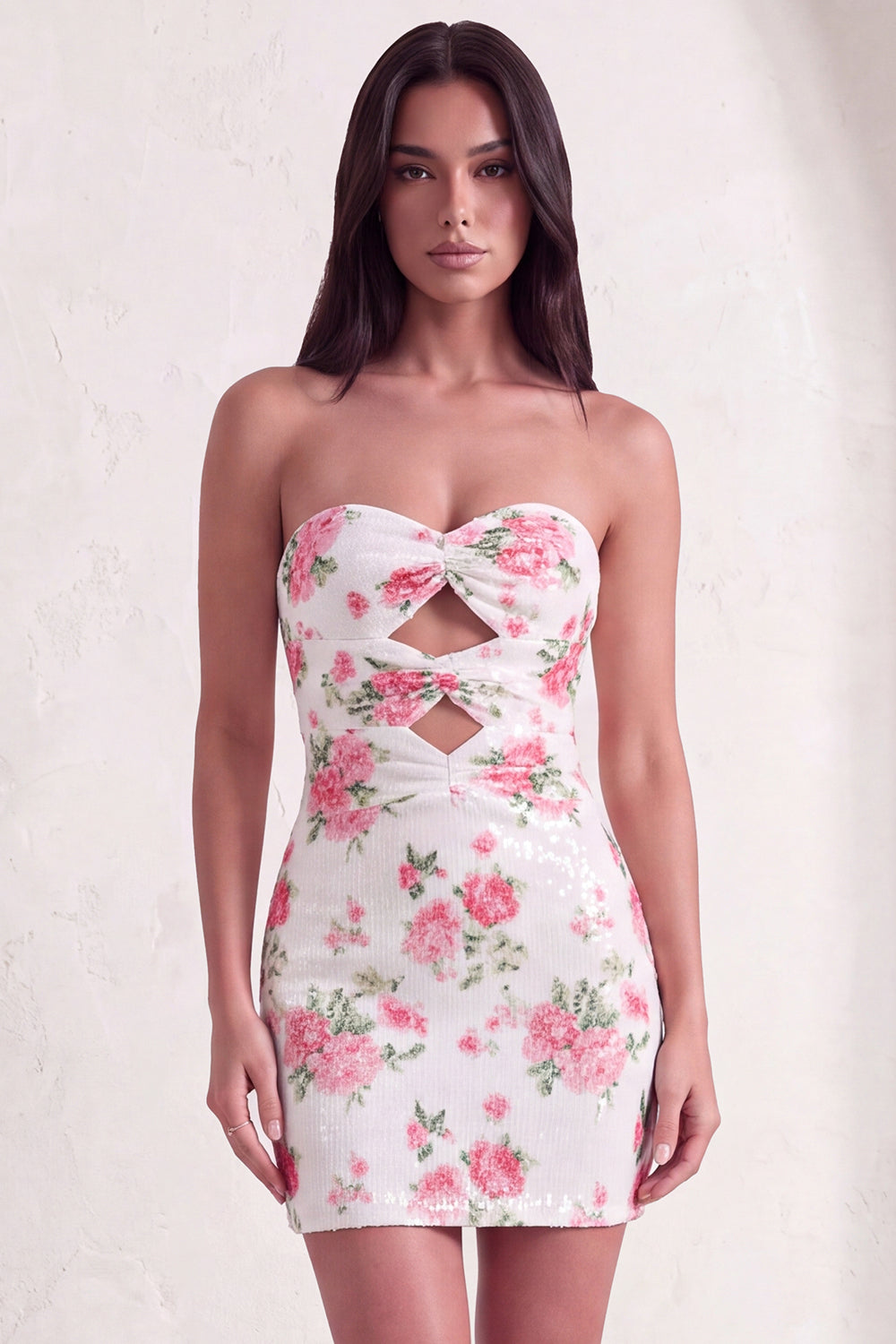 Sparkly White Floral Sequins Bodycon Strapless Short Keyhole Homecoming Dress