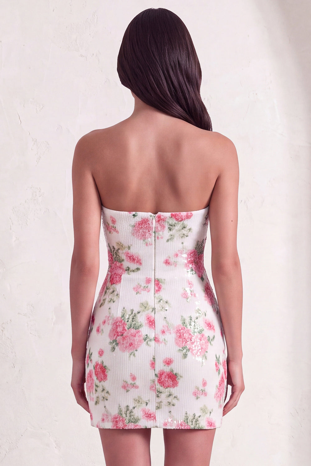 Sparkly White Floral Sequins Bodycon Strapless Short Keyhole Homecoming Dress