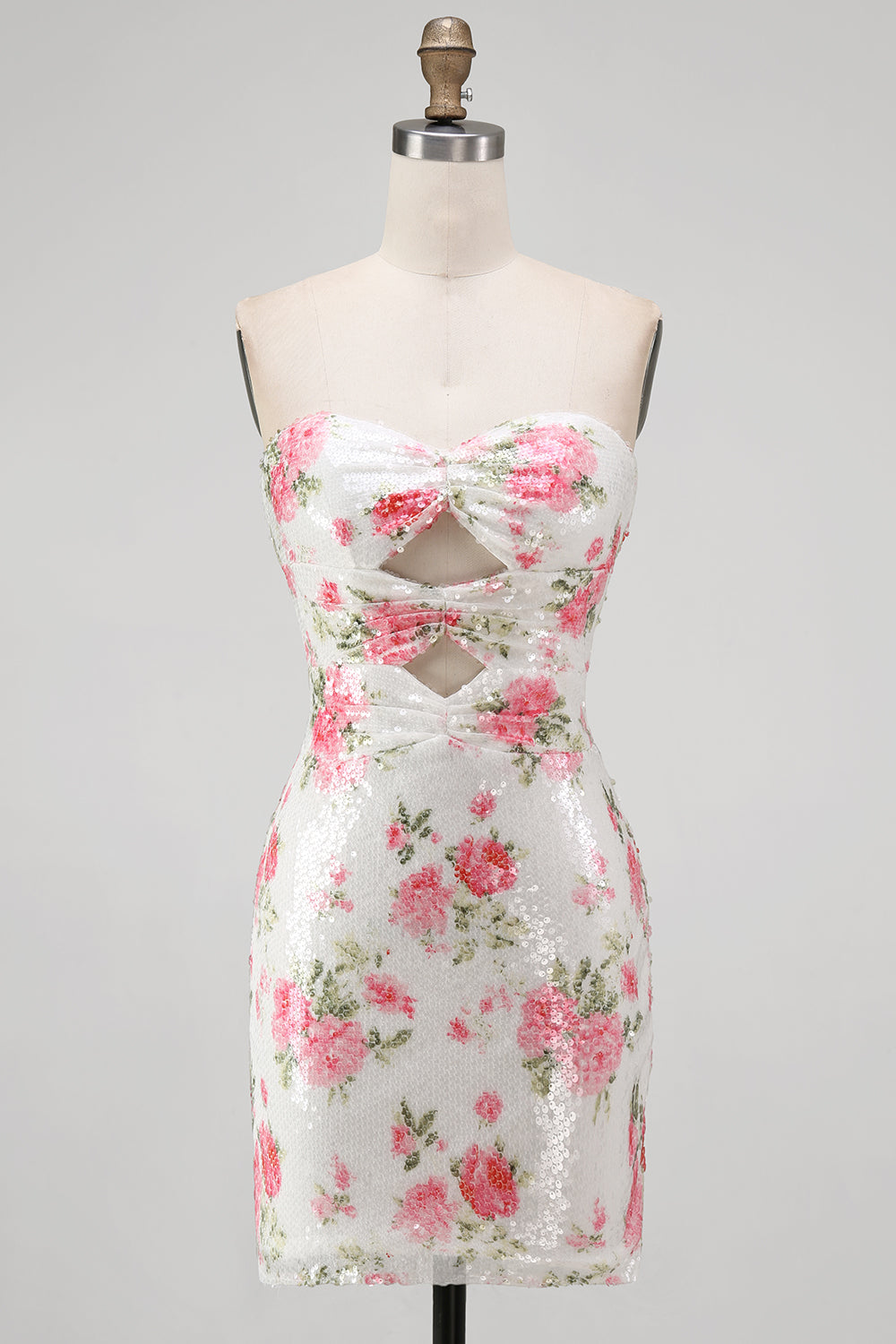 Sparkly White Floral Sequins Bodycon Strapless Short Keyhole Homecoming Dress