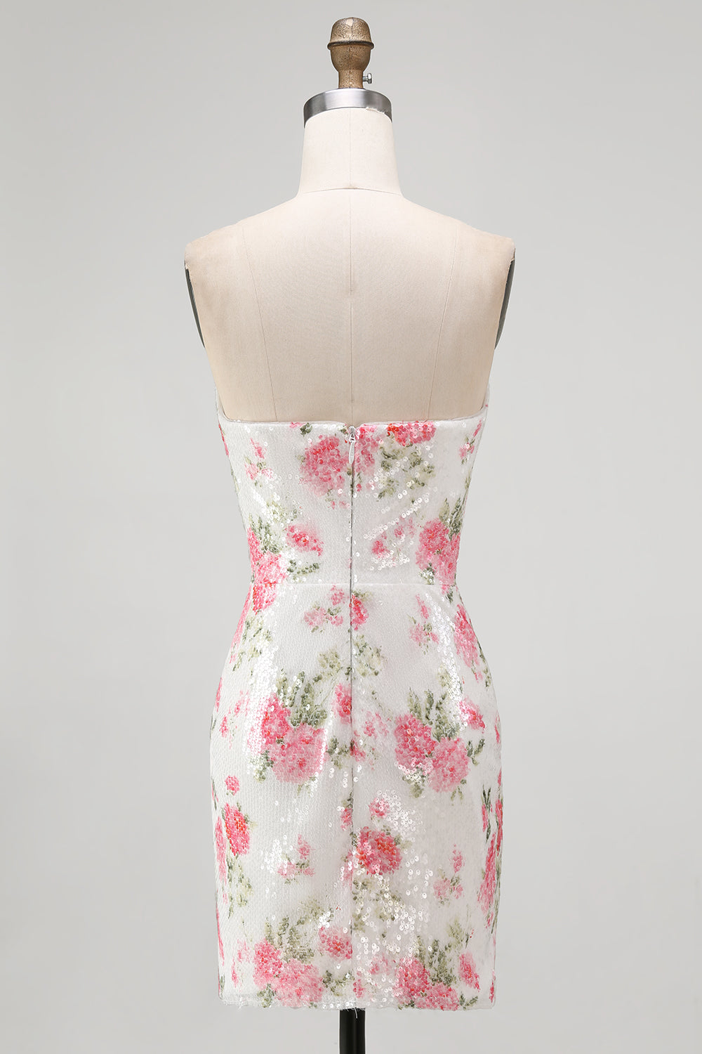 Sparkly White Floral Sequins Bodycon Strapless Short Keyhole Homecoming Dress