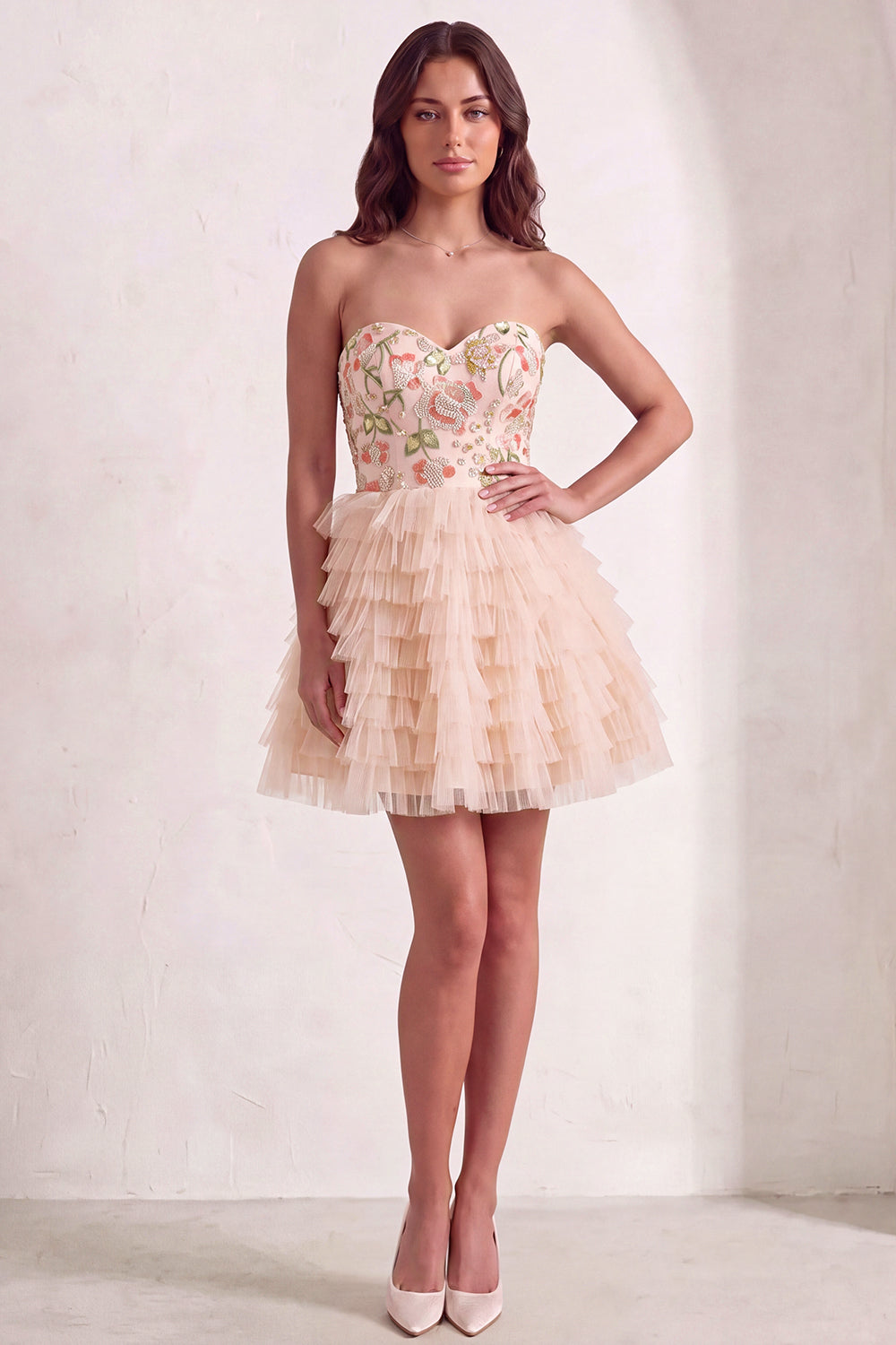 Sparkly Sequins Pink Floral A-Line Ruffled Short Homecoming Dress with Beading