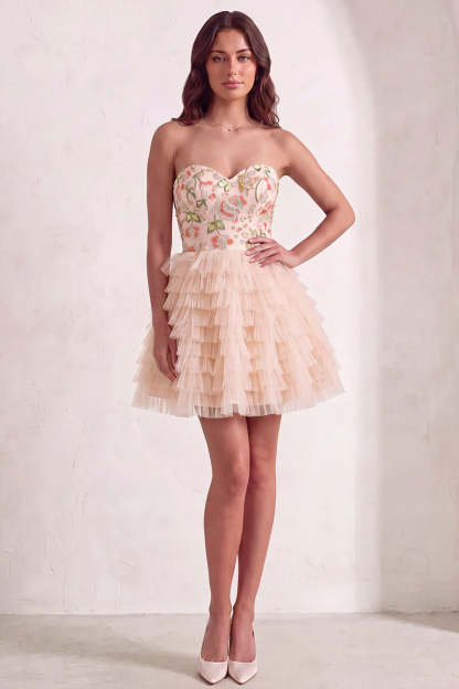 Sparkly Sequins Pink Floral A-Line Ruffled Short Homecoming Dress with Beading