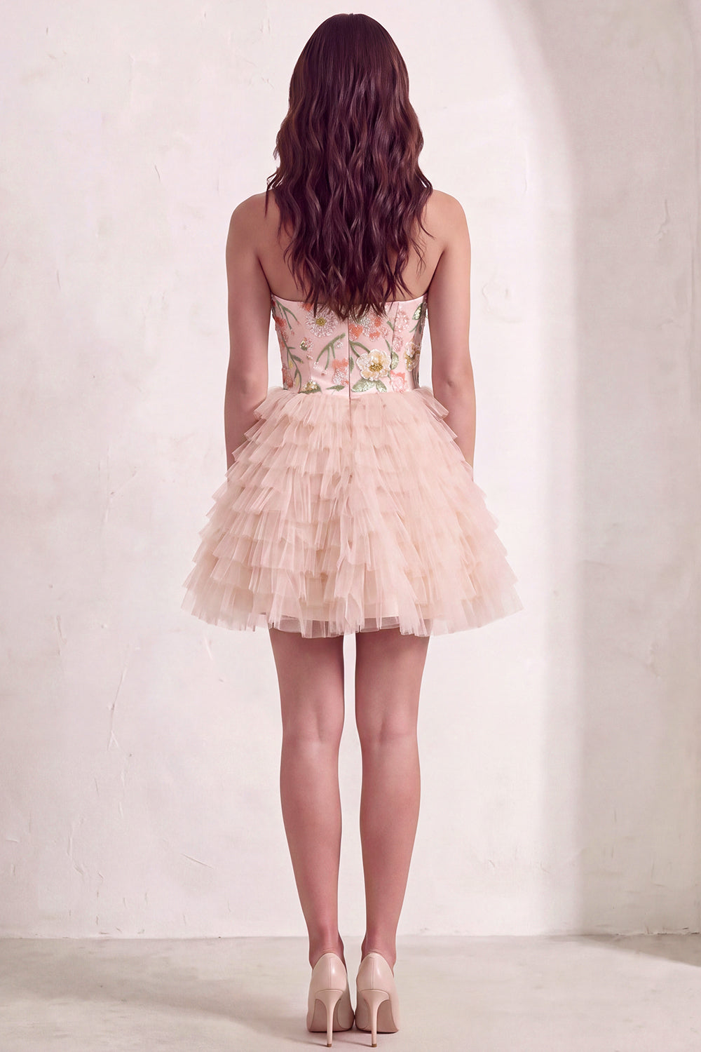 Sparkly Sequins Pink Floral A-Line Ruffled Short Homecoming Dress with Beading