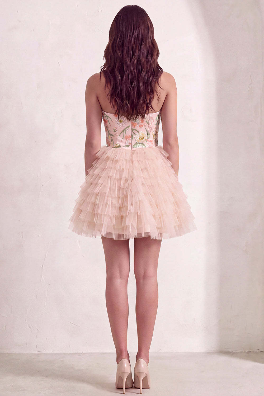 Sparkly Sequins Pink Floral A-Line Ruffled Short Homecoming Dress with Beading