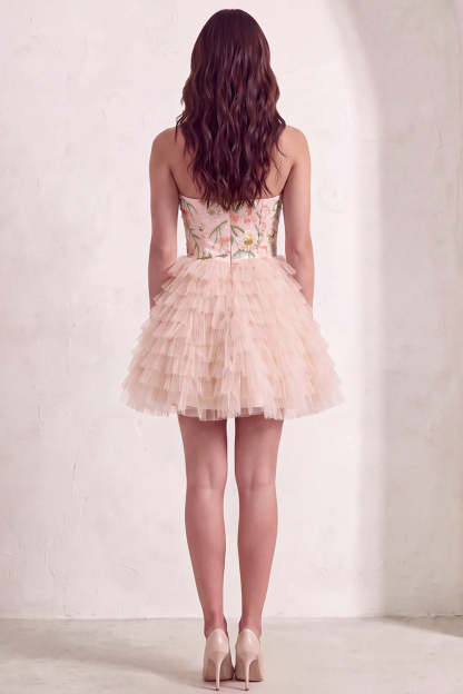 Sparkly Sequins Pink Floral A-Line Ruffled Short Homecoming Dress with Beading