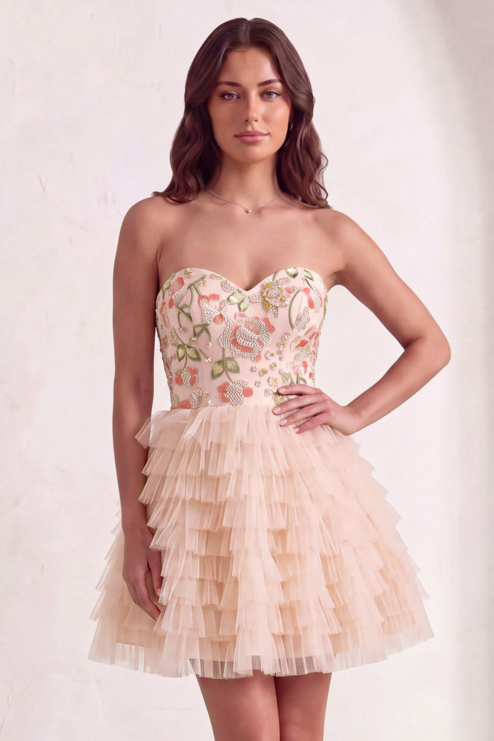 Leely Women Sparkly Sequins Short Pink Floral Homecoming Dress with Ruffles Tiered Tulle A-Line Strapless Cocktail Dress with Beading