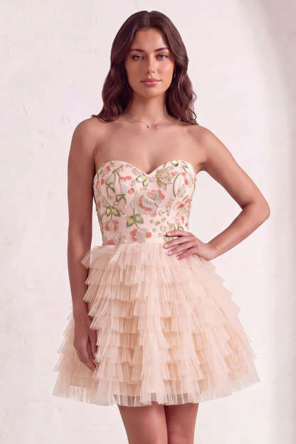 Leely Women Sparkly Sequins Short Pink Floral Homecoming Dress with Ruffles Tiered Tulle A-Line Strapless Cocktail Dress with Beading