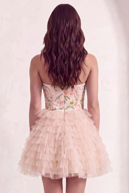 Sparkly Sequins Pink Floral A-Line Ruffled Short Homecoming Dress with Beading